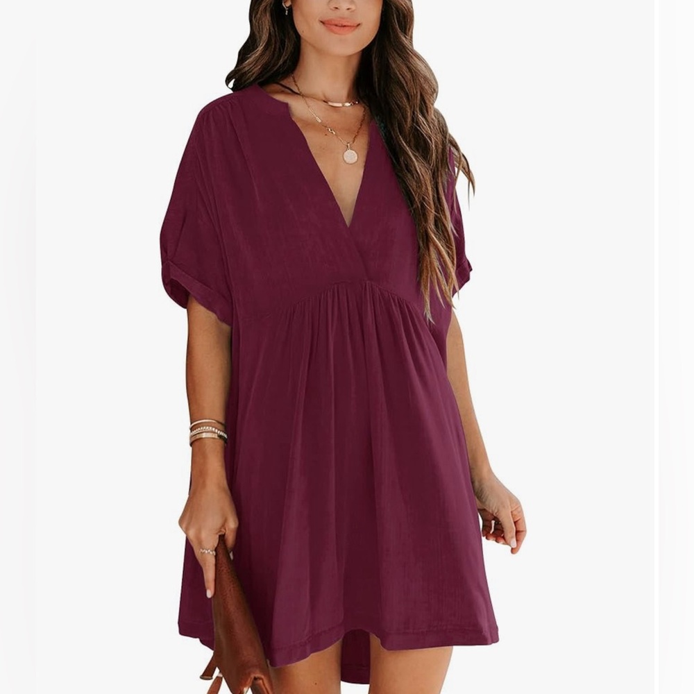 Wine Babydoll VNeck Tunic Dress, Short Sleeve, Loose Fit, Casual to Party Outfit